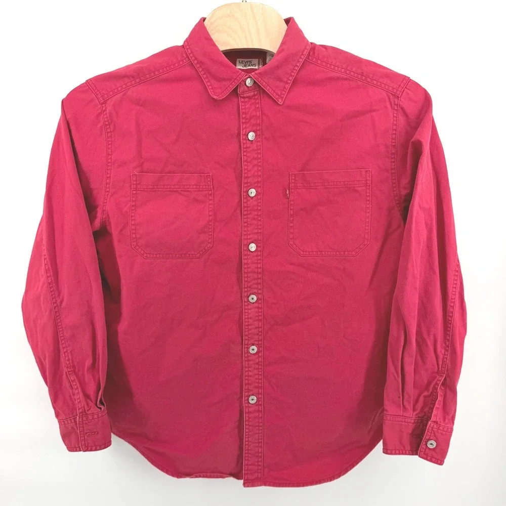 Vintage Levis Jeans Red Canvas Denim Button Down Shirt Mens Large Heavy Cotton